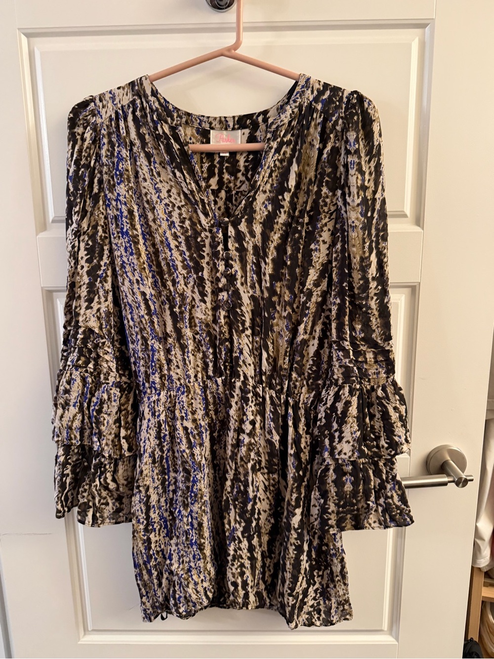 Parker Long Sleeve Ruffle Dress in Black, Cream & Blue Abstract Print